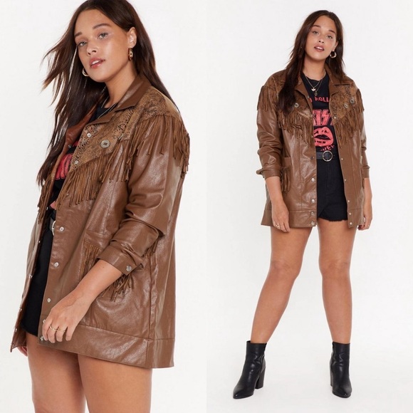 NASTY GAL Fringe Binge Faux Leather Cognac Old West Boho Hippie Style Jacket - Picture 1 of 7